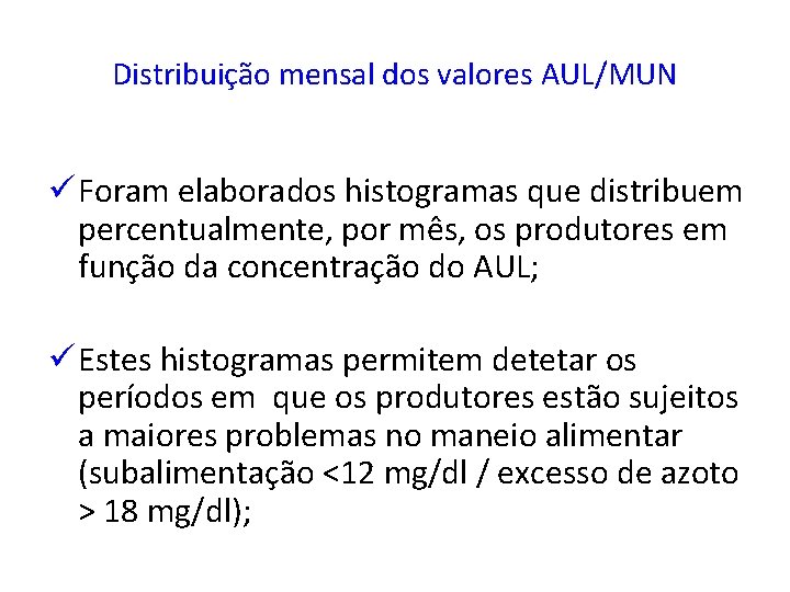 Distribuição mensal dos valores AUL/MUN ü Foram elaborados histogramas que distribuem percentualmente, por mês,