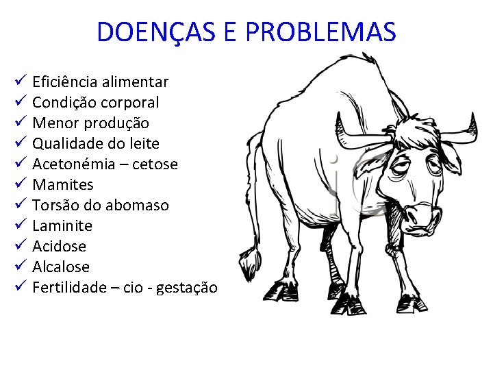 DOENÇAS E PROBLEMAS ü Eficiência alimentar ü Condição corporal ü Menor produção ü Qualidade