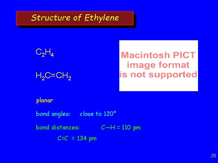 Structure of Ethylene C 2 H 4 H 2 C=CH 2 planar bond angles: