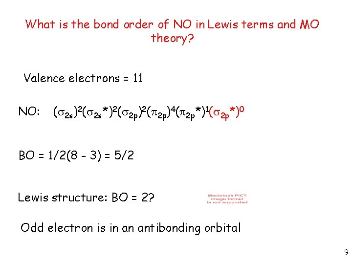 What is the bond order of NO in Lewis terms and MO theory? Valence