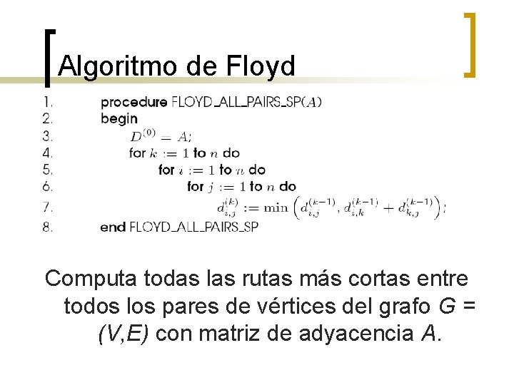 Algoritmo de Floyd Computa todas las rutas más cortas entre todos los pares de