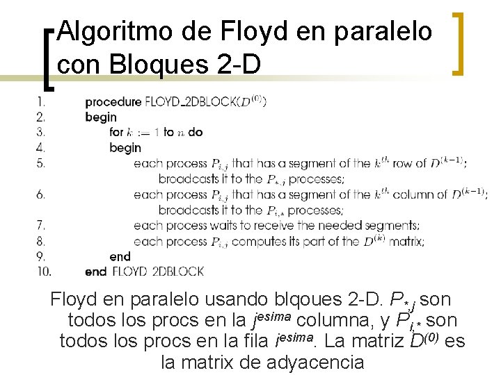 Algoritmo de Floyd en paralelo con Bloques 2 -D Floyd en paralelo usando blqoues
