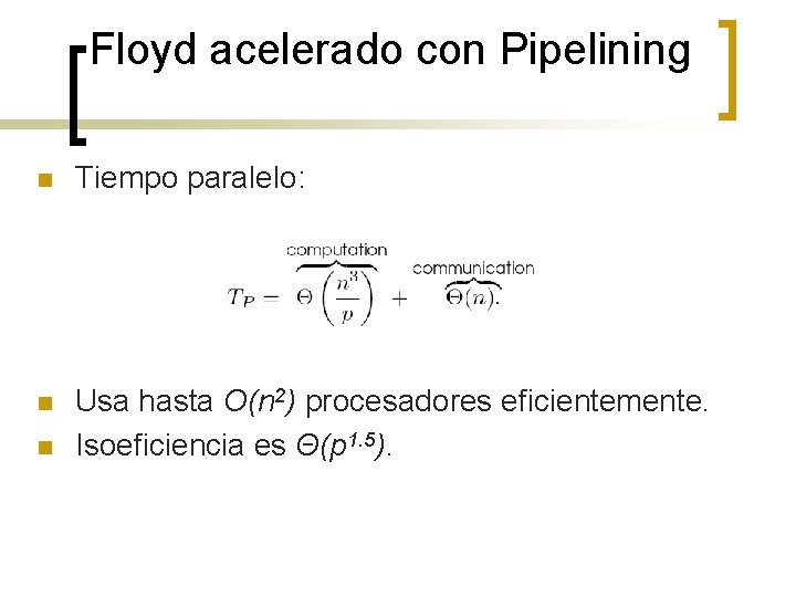 Floyd acelerado con Pipelining n Tiempo paralelo: n Usa hasta O(n 2) procesadores eficientemente.