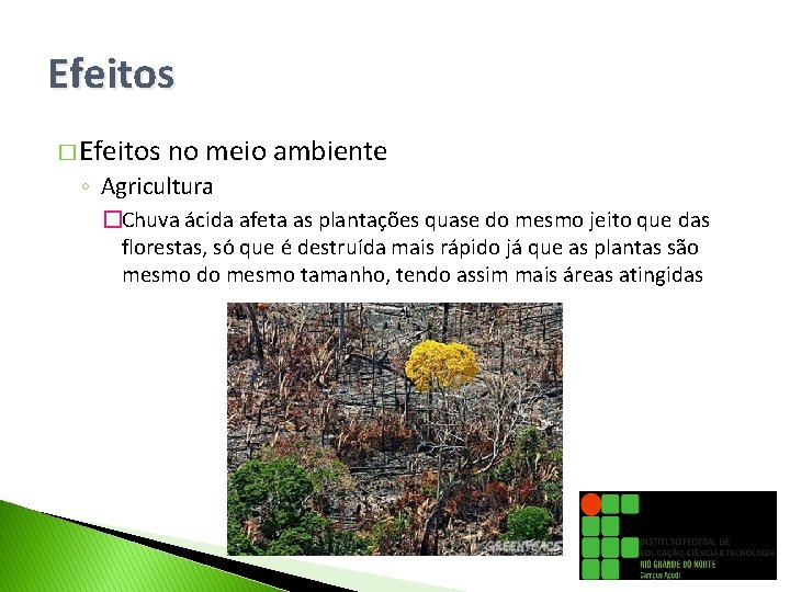 Efeitos � Efeitos no meio ambiente ◦ Agricultura �Chuva ácida afeta as plantações quase