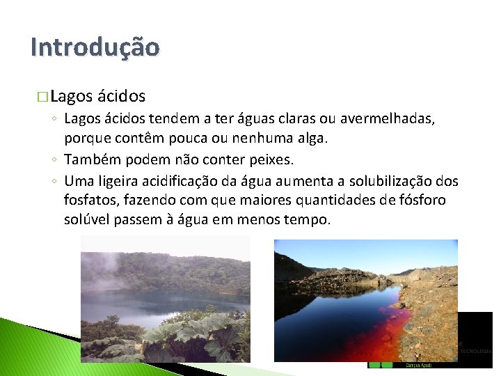 Introdução � Lagos ácidos ◦ Lagos ácidos tendem a ter águas claras ou avermelhadas,