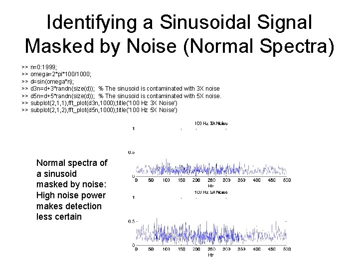 Identifying a Sinusoidal Signal Masked by Noise (Normal Spectra) >> n=0: 1999; >> omega=2*pi*100/1000;