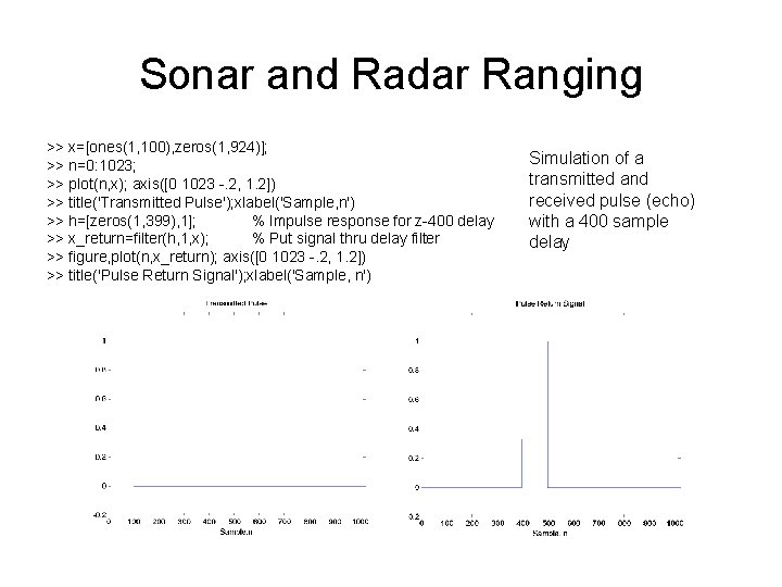 Sonar and Radar Ranging >> x=[ones(1, 100), zeros(1, 924)]; >> n=0: 1023; >> plot(n,
