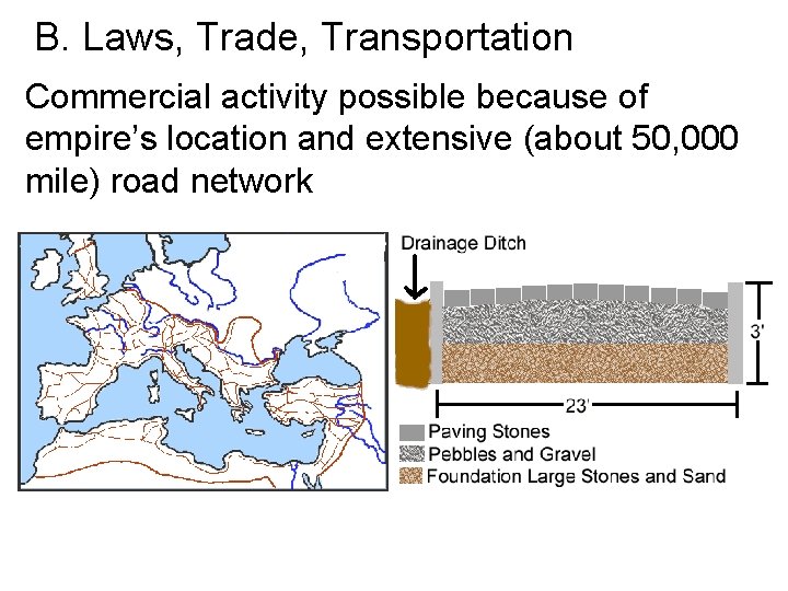 B. Laws, Trade, Transportation Commercial activity possible because of empire’s location and extensive (about