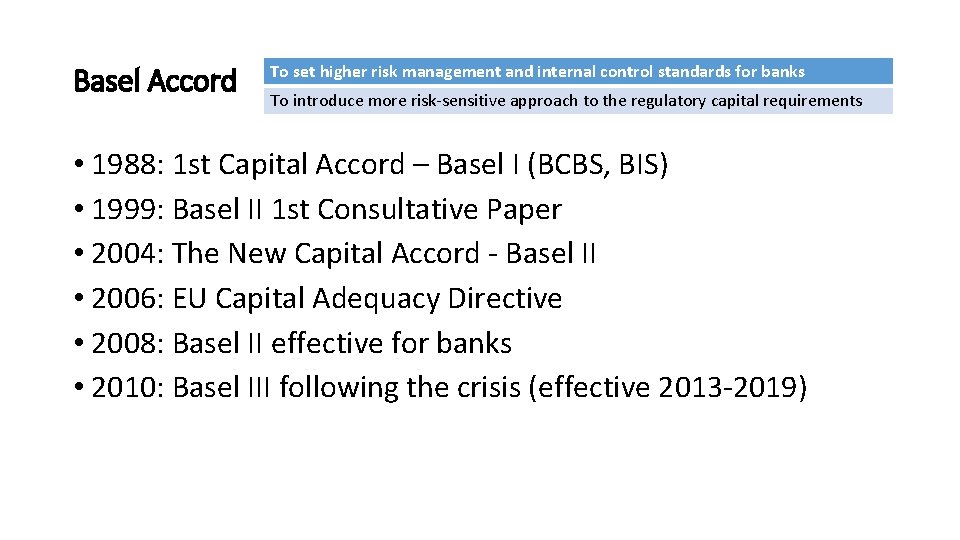 Basel Accord To set higher risk management and internal control standards for banks To