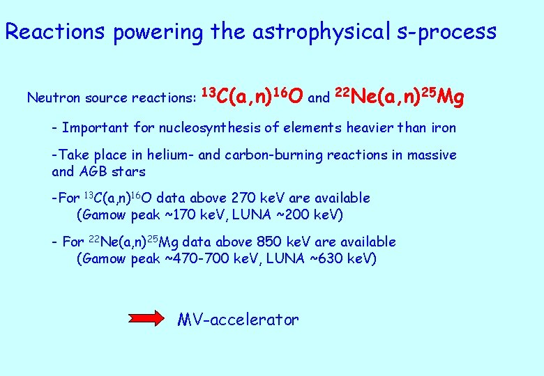 Reactions powering the astrophysical s-process Neutron source reactions: 13 C(a, n)16 O and 22