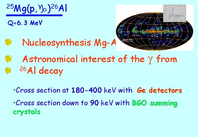 25 Mg(p, g)26 Al Q=6. 3 Me. V Nucleosynthesis Mg-Al Astronomical interest of the