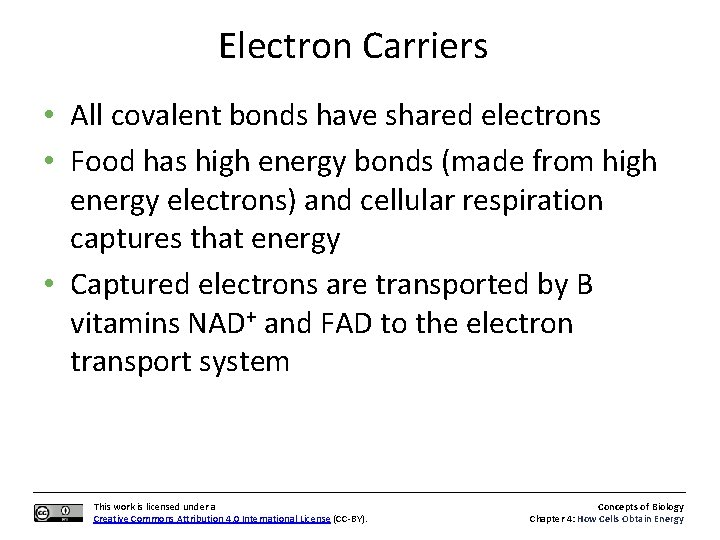 Electron Carriers • All covalent bonds have shared electrons • Food has high energy