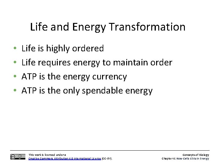 Life and Energy Transformation • • Life is highly ordered Life requires energy to