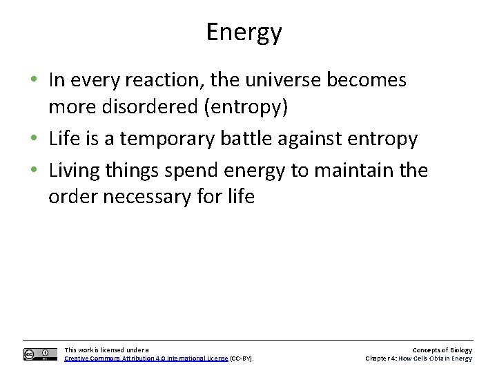 Energy • In every reaction, the universe becomes more disordered (entropy) • Life is