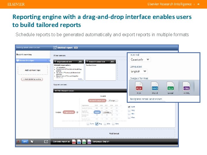 | Reporting engine with a drag-and-drop interface enables users to build tailored reports Schedule