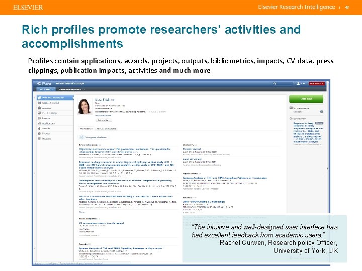| Rich profiles promote researchers’ activities and accomplishments Profiles contain applications, awards, projects, outputs,