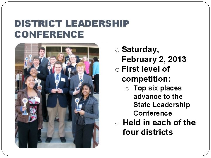 o Saturday, February 2, 2013 o First level of competition: o Top six places