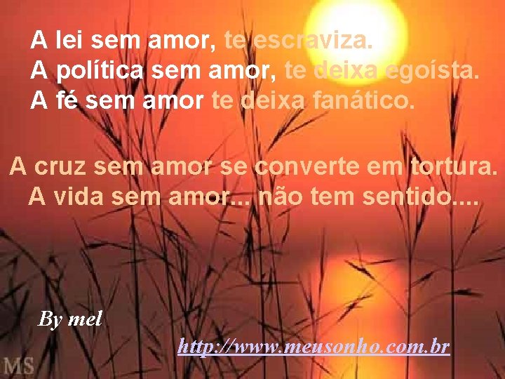 A lei sem amor, te escraviza. A política sem amor, te deixa egoísta. A