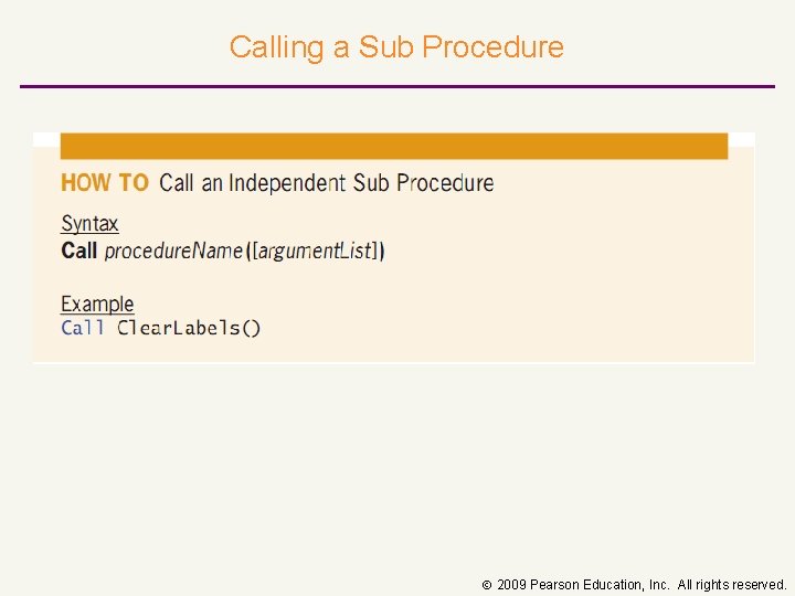 Calling a Sub Procedure 2009 Pearson Education, Inc. All rights reserved. 