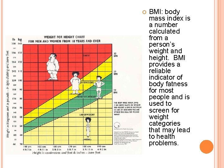  BMI: body mass index is a number calculated from a person’s weight and