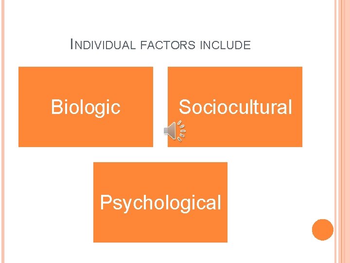 INDIVIDUAL FACTORS INCLUDE Biologic Sociocultural Psychological 