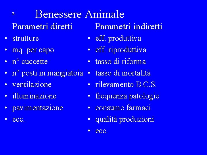 B Benessere Animale Parametri diretti • • strutture mq. per capo n° cuccette n°