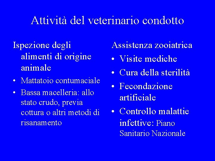 Attività del veterinario condotto Ispezione degli alimenti di origine animale • Mattatoio contumaciale •