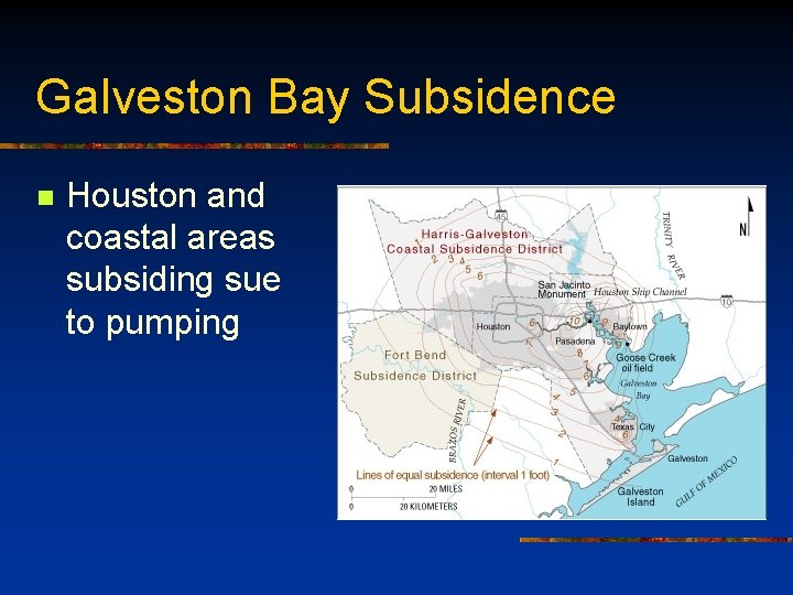 Galveston Bay Subsidence n Houston and coastal areas subsiding sue to pumping 