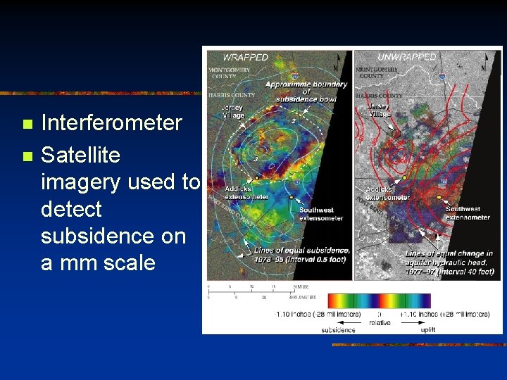 n n Interferometer Satellite imagery used to detect subsidence on a mm scale 