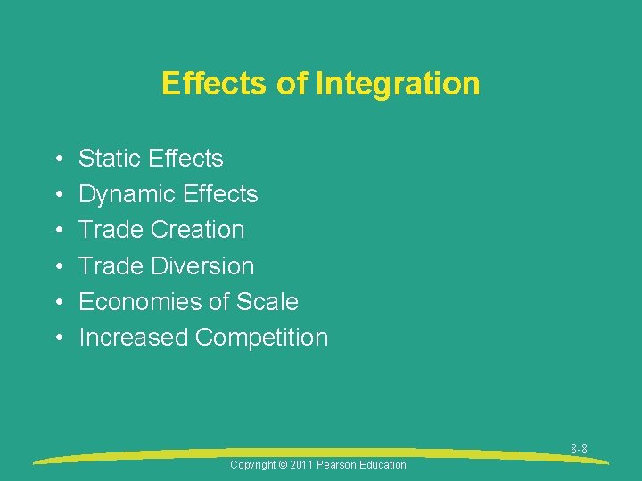 Effects of Integration • • • Static Effects Dynamic Effects Trade Creation Trade Diversion