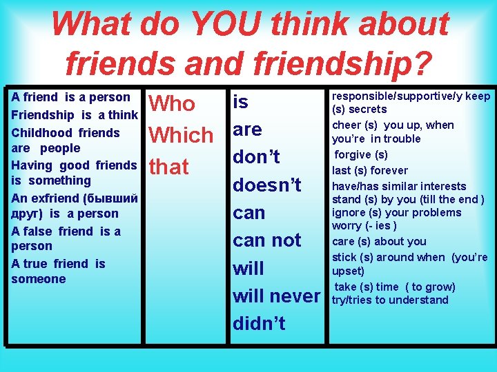 What do YOU think about friends and friendship? A friend is a person Friendship