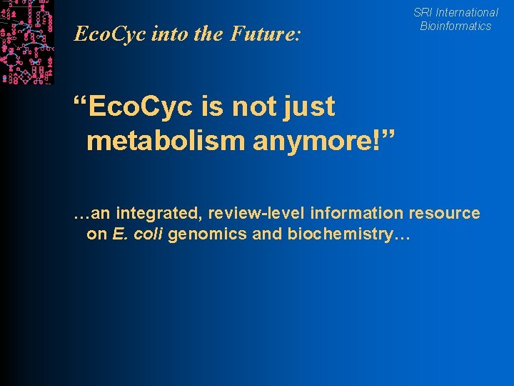 Eco. Cyc into the Future: SRI International Bioinformatics “Eco. Cyc is not just metabolism