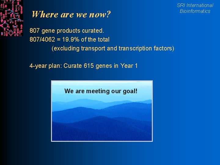 Where are we now? 807 gene products curated. 807/4062 = 19. 9% of the