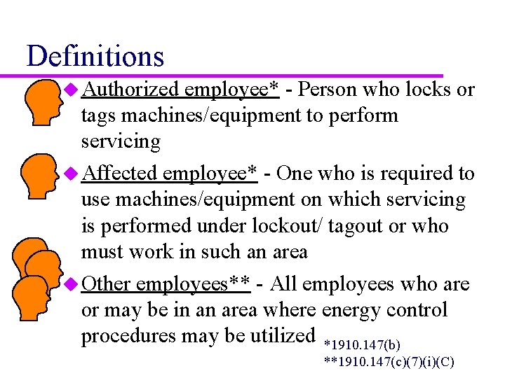 Definitions u Authorized employee* - Person who locks or tags machines/equipment to perform servicing