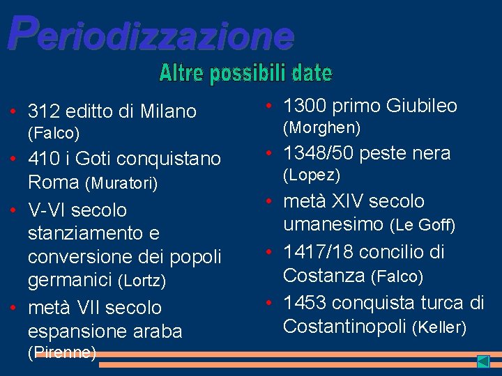 Periodizzazione • 312 editto di Milano (Falco) • 410 i Goti conquistano Roma (Muratori)