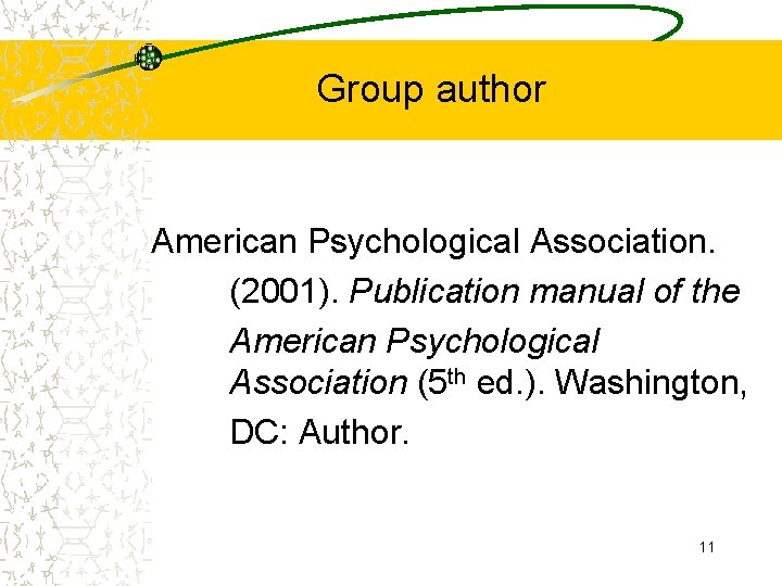 Group author American Psychological Association. (2001). Publication manual of the American Psychological Association (5