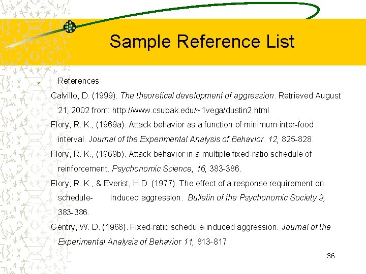 Sample Reference List References Calvillo, D. (1999). The theoretical development of aggression. Retrieved August
