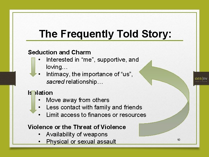 The Frequently Told Story: Seduction and Charm • Interested in “me”, supportive, and loving…
