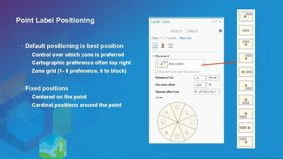 Point Label Positioning • • Default positioning is best position - Control over which