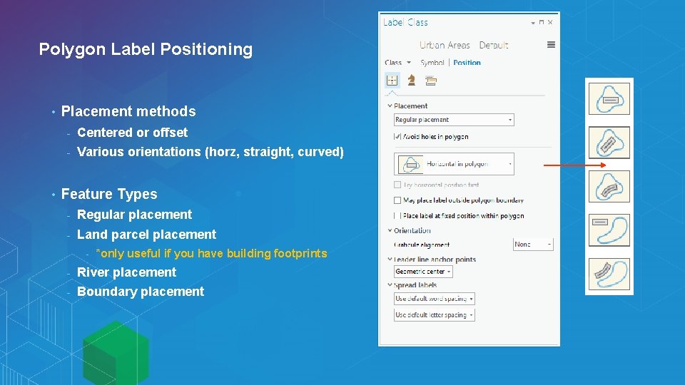 Polygon Label Positioning • • Placement methods - Centered or offset - Various orientations