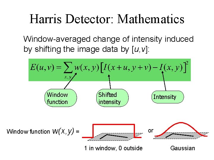 Harris Detector: Mathematics Window-averaged change of intensity induced by shifting the image data by