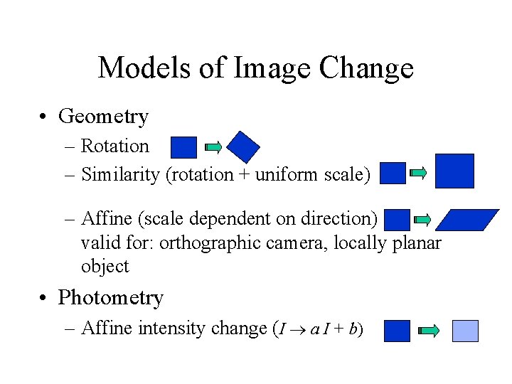 Models of Image Change • Geometry – Rotation – Similarity (rotation + uniform scale)