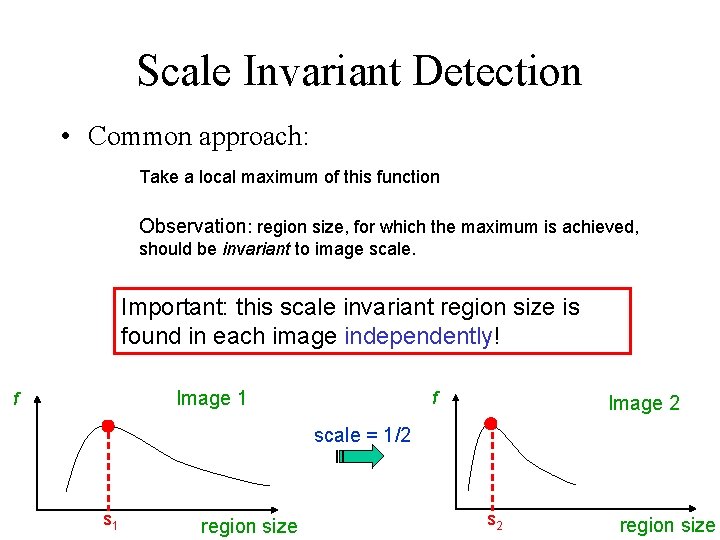 Scale Invariant Detection • Common approach: Take a local maximum of this function Observation: