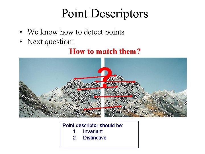 Point Descriptors • We know how to detect points • Next question: How to