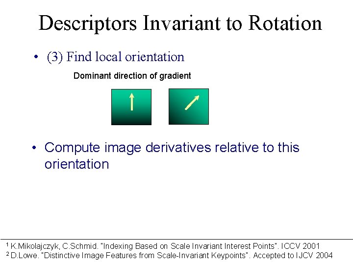 Descriptors Invariant to Rotation • (3) Find local orientation Dominant direction of gradient •