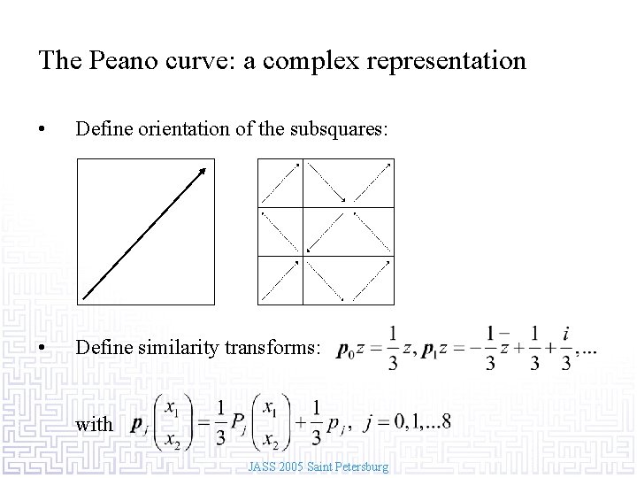 The Peano curve: a complex representation • Define orientation of the subsquares: • Define