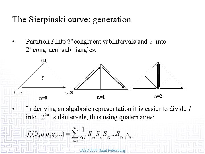 The Sierpinski curve: generation • Partition I into congruent subintervals and congruent subtriangles. into