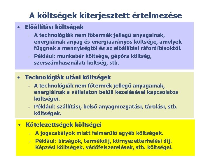 A költségek kiterjesztett értelmezése • Előállítási költségek v v A technológiák nem főtermék jellegű