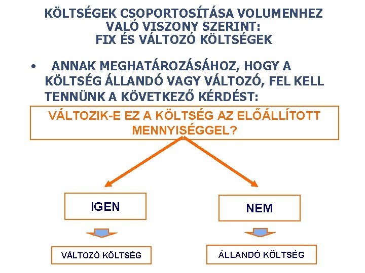 KÖLTSÉGEK CSOPORTOSÍTÁSA VOLUMENHEZ VALÓ VISZONY SZERINT: FIX ÉS VÁLTOZÓ KÖLTSÉGEK • ANNAK MEGHATÁROZÁSÁHOZ, HOGY