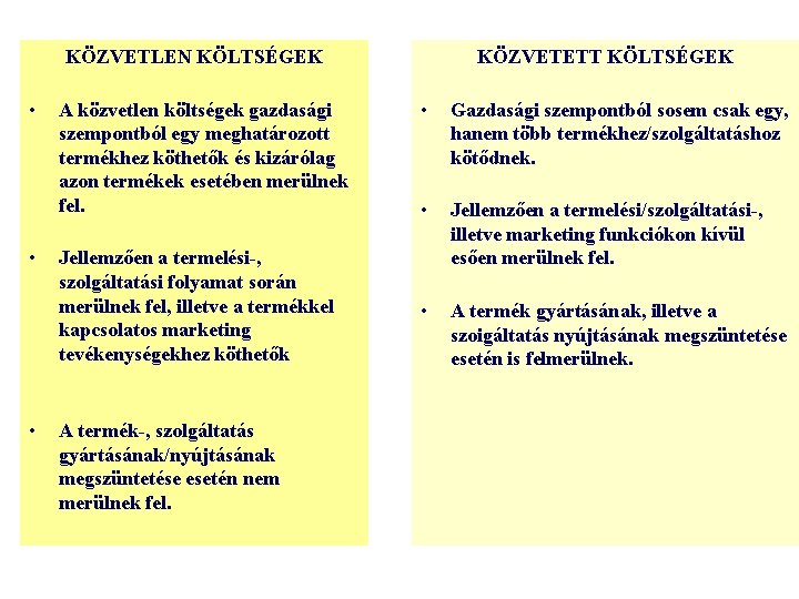 KÖZVETLEN KÖLTSÉGEK • • • A közvetlen költségek gazdasági szempontból egy meghatározott termékhez köthetők